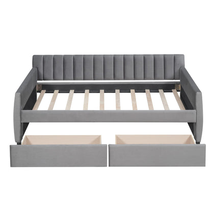 Merax Upholstered Daybed with 2 Drawers, Twin Size Bed Frame with Storage and Wood Slat Support, Gray