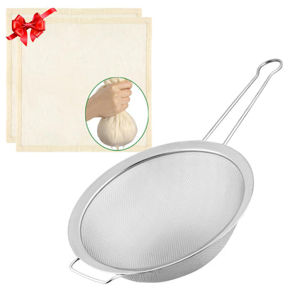Tonbbow Large Fine Mesh Strainer with Sturdy Handle, 8.66” Stainless Steel Strainers, Bonus 20x20 Inch Reusable Cotton Cheese Cloths with 4 Hemmed Edges, Sieve Sifter for Straining, Cooking, Baking