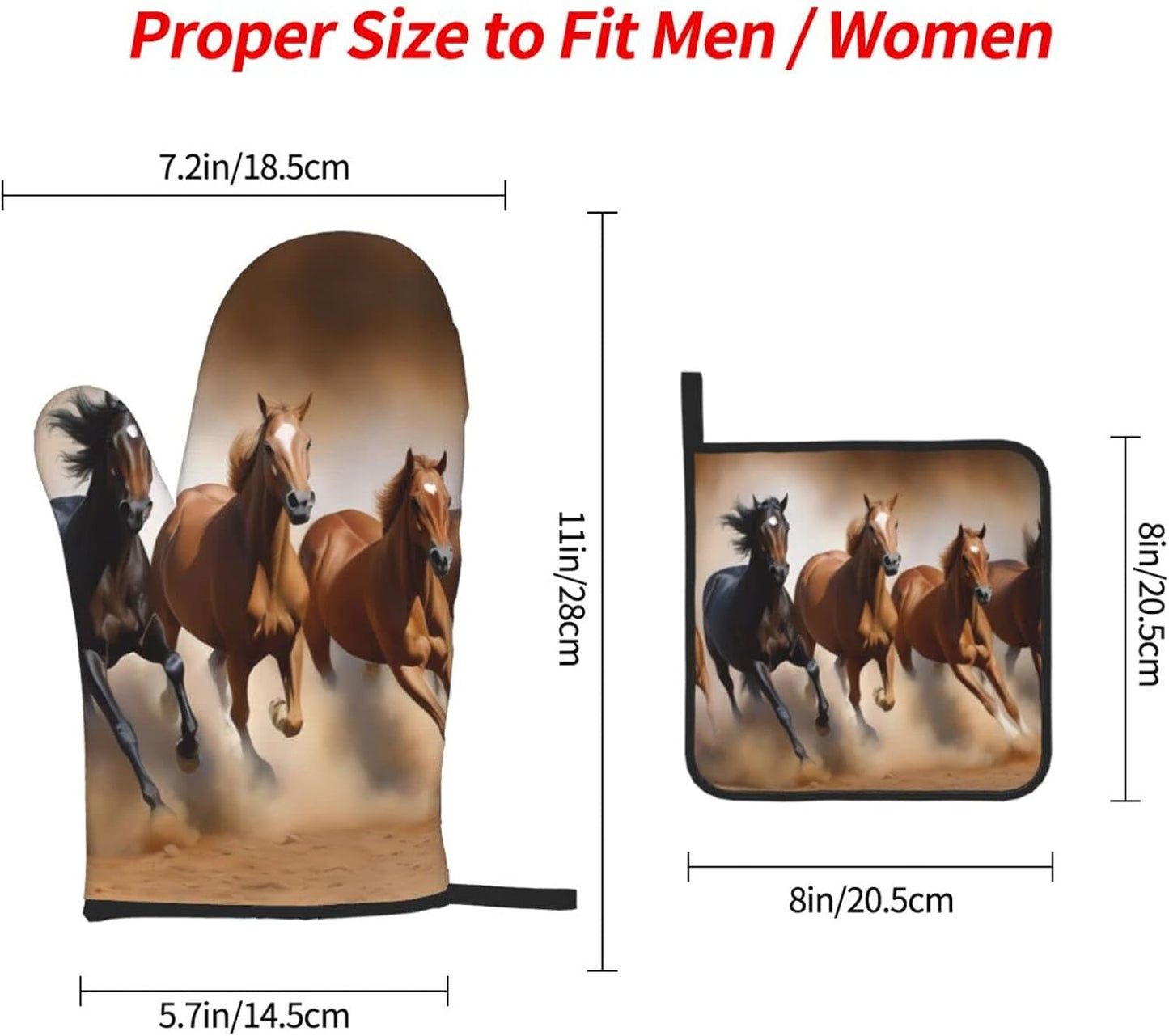 Oven Mitts and Potholders, Animal Horse Elegant Running Horse in Desert Sand Storm Baking Glove and Pot Holder, 3-Piece