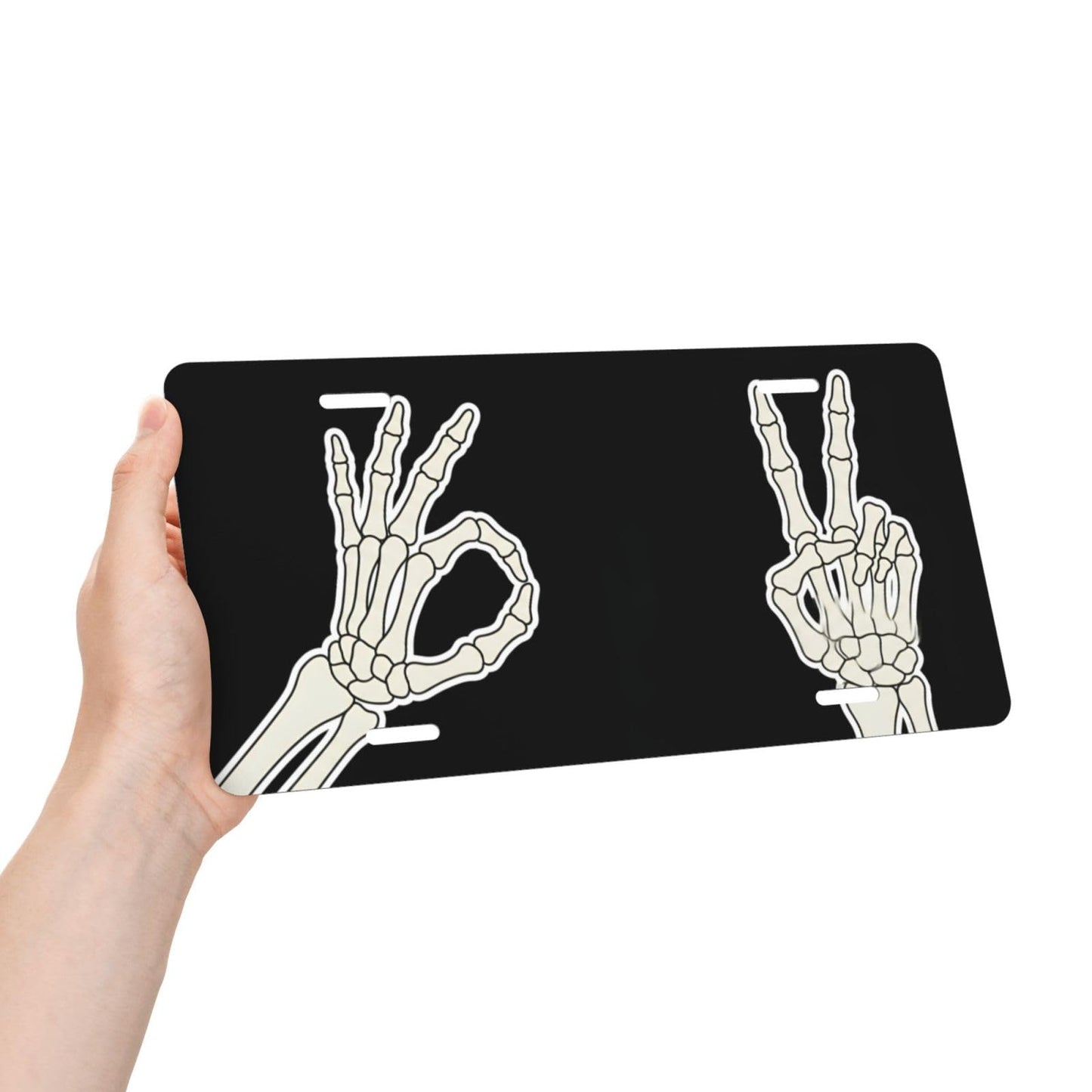 Skeleton Hand Ok and Peace Sign Front License Plate for Women Car Vanity Plates Decorative Aluminum Metal Cute Novelty License Plate Cover for Men 6x12 Inch (4 Holes)