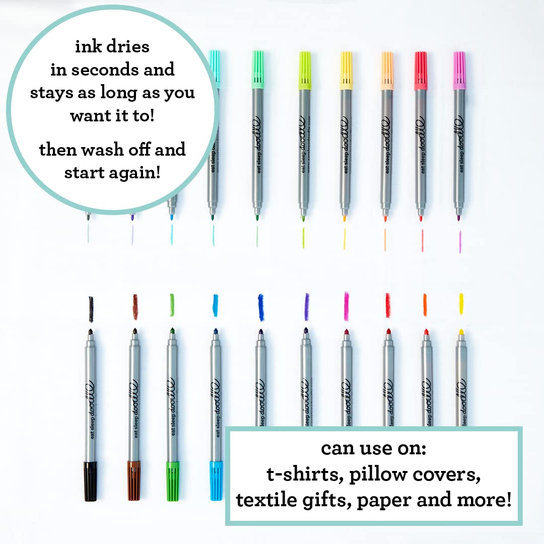 eatsleepdoodle Artist Set of 20 Original Doodle Wash-Out Fabric Marker Set - Double-Ended Felt Tips in Handy Storage Box