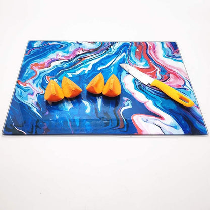 Navy Blue and Red Glass Cutting Board, 16 x 12 Inch Tempered Glass, Decorative Square Place Mat