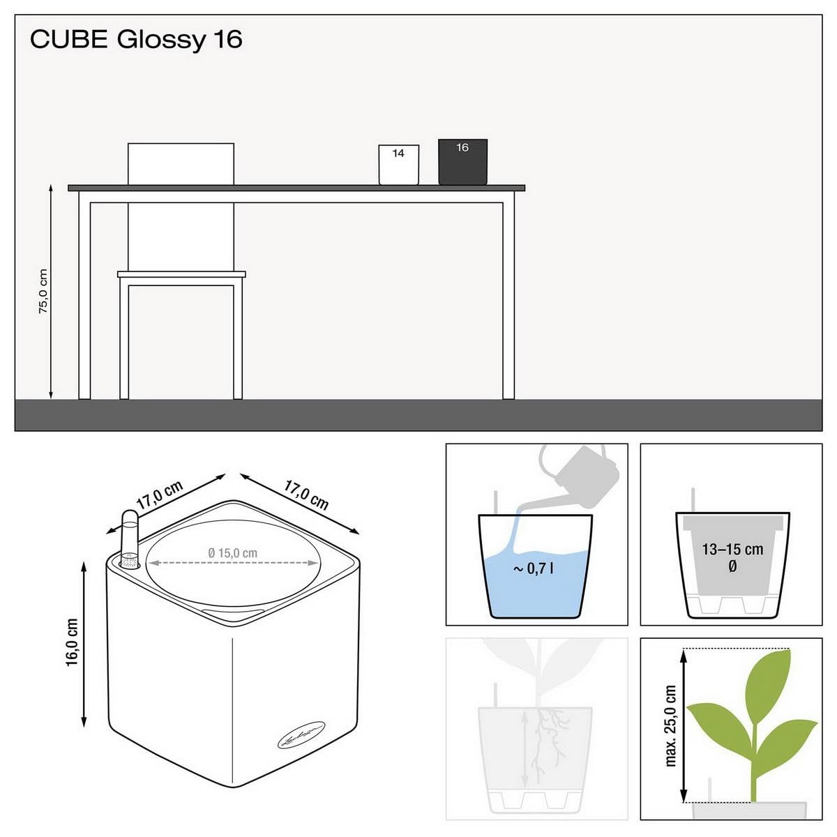 Lechuza Glossy Cube 16 Self-Watering Planter with Water Level Indicator, High Gloss Scarlet Red