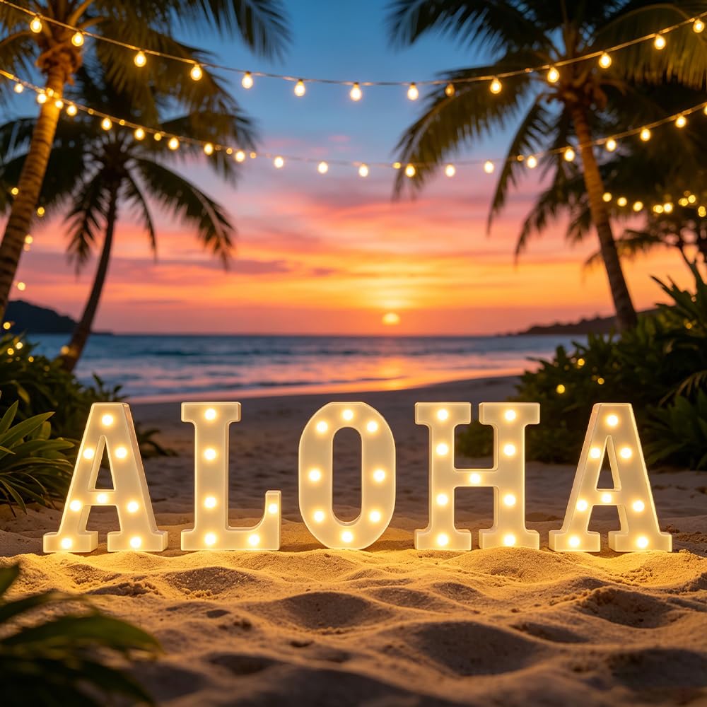 CDIXlmuz ALOHA Lights Up Letters Set – 8.6 in Battery Operated Plastic Led Marquee Light Sign for Hawaiian Luau Party Decorations, Tropical Summer Birthday – 5 Pack (A, H, O, H, A) (White)
