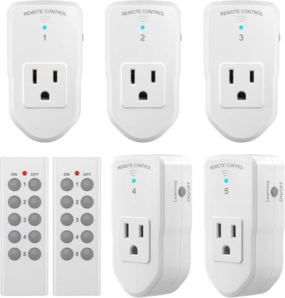 BN-LINK Wireless Remote Control Electrical Outlet Switch for Lights, Fans, Christmas Lights, Small Appliance, Long Range White (Learning Code, 5Rx-2Tx) 1200W/10A