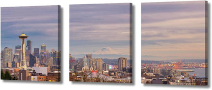 Bedroom Wall Art Seattle Cityscape Pictures | 3 Panel Canvas Artwork for Living Room Modern Decor