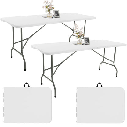 Fivenl 2 Pack 6 FT Folding Tables White Foldable Table, Fold-in-Half with Carrying Handle Portable Plastic Rectangular Table for Party, Dining, Wedding, Camping, Picnic, Indoor Outdoor Events
