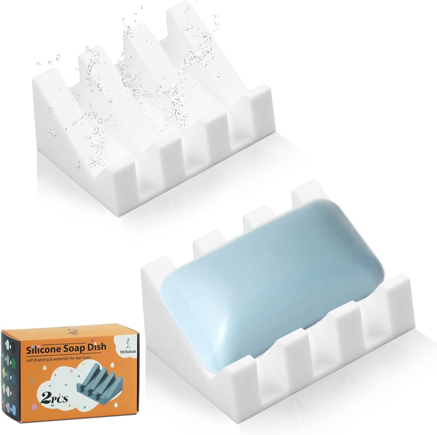 2) Silicone Soap Dish for Bar Soap Holder for Shower Bathroom Self Draining Waterfall Drying Tray Keep Soap Bars Dry