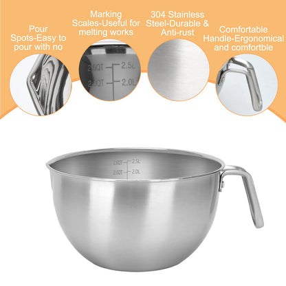3PCS Double Boiler Pot Set, 2500ML/2.3QT Mixing Bowl with Scale 4000ML/ 3.6QT Stainless Steel Heating Pot with Silicone Spatula for Cheese Chocolate Candy Candle Soap Wax Melting (2500ml+4000ml)