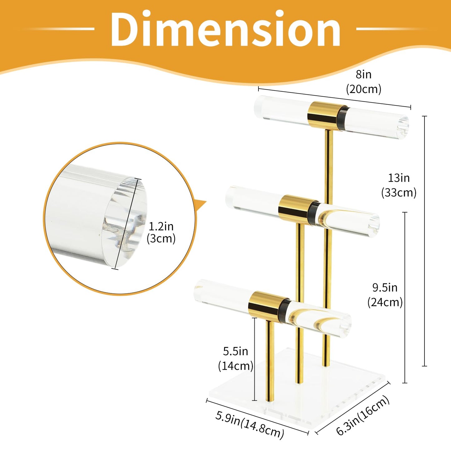 3 Tier Tangle-free Bracelet Display Stands, Acrylic T-Bar Jewelry Display Holder, Clear Gold Necklace Organizer with Stainless Rod, Women Men Vendors Retail Store Counter Jewelry Hanging Stand