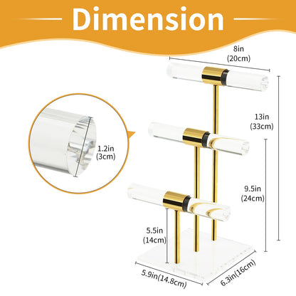 3 Tier Tangle-free Bracelet Display Stands, Acrylic T-Bar Jewelry Display Holder, Clear Gold Necklace Organizer with Stainless Rod, Women Men Vendors Retail Store Counter Jewelry Hanging Stand
