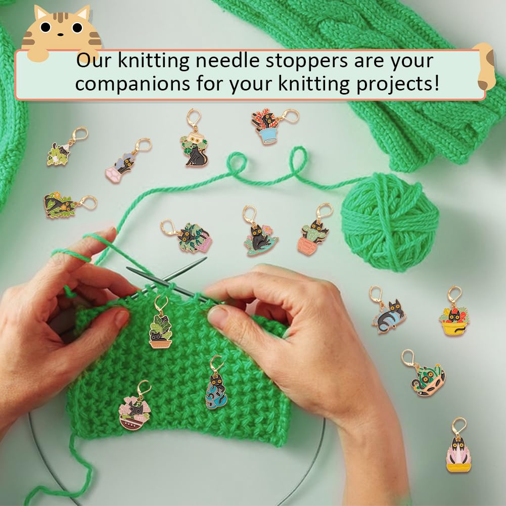 NBEADS 15 Styles Cat with Plants Stitch Markers, Alloy Enamel Crochet Stitch Marker with Leverback Locking for Knitting and Crocheting