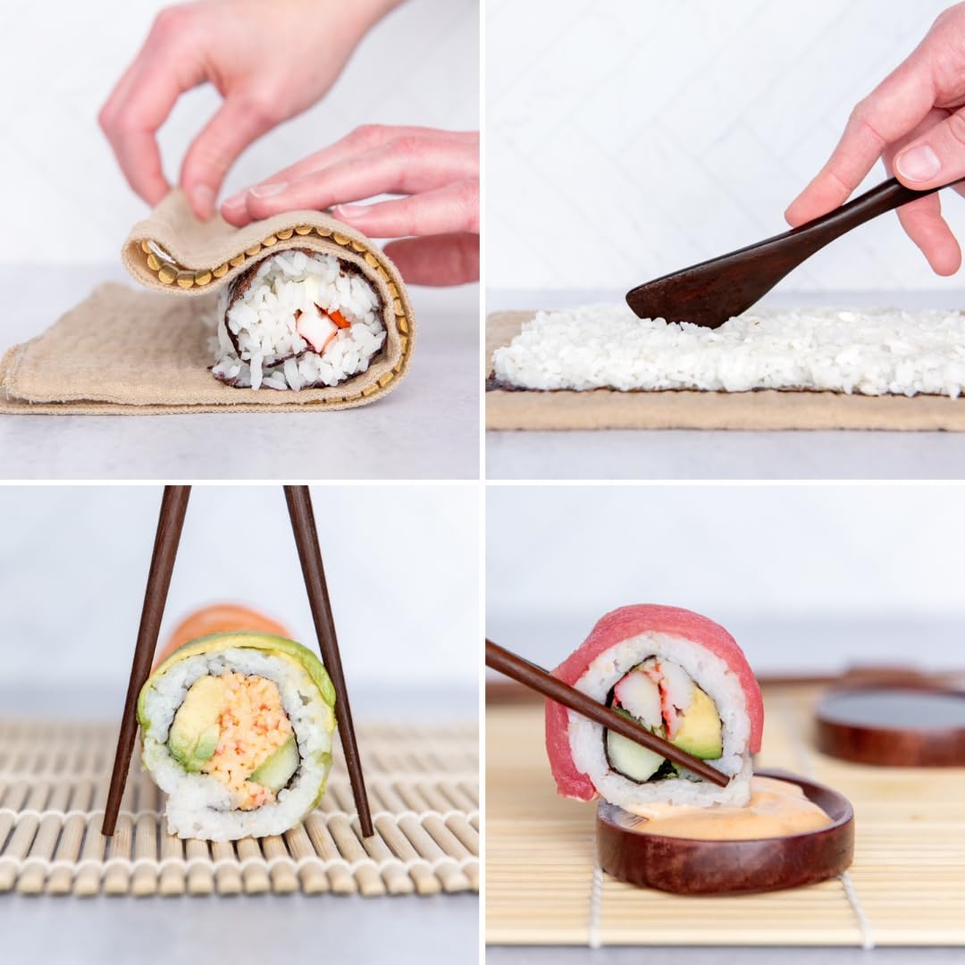 HEKAMOVE No Plastic Premium Sushi Making Kit for Home, for Beginners or Pro Sushi makers. Made of Premium Wood, includes Tea Cloth, Planet-Friendly - the Best Gift and DIY Home Sushi Kit Experience