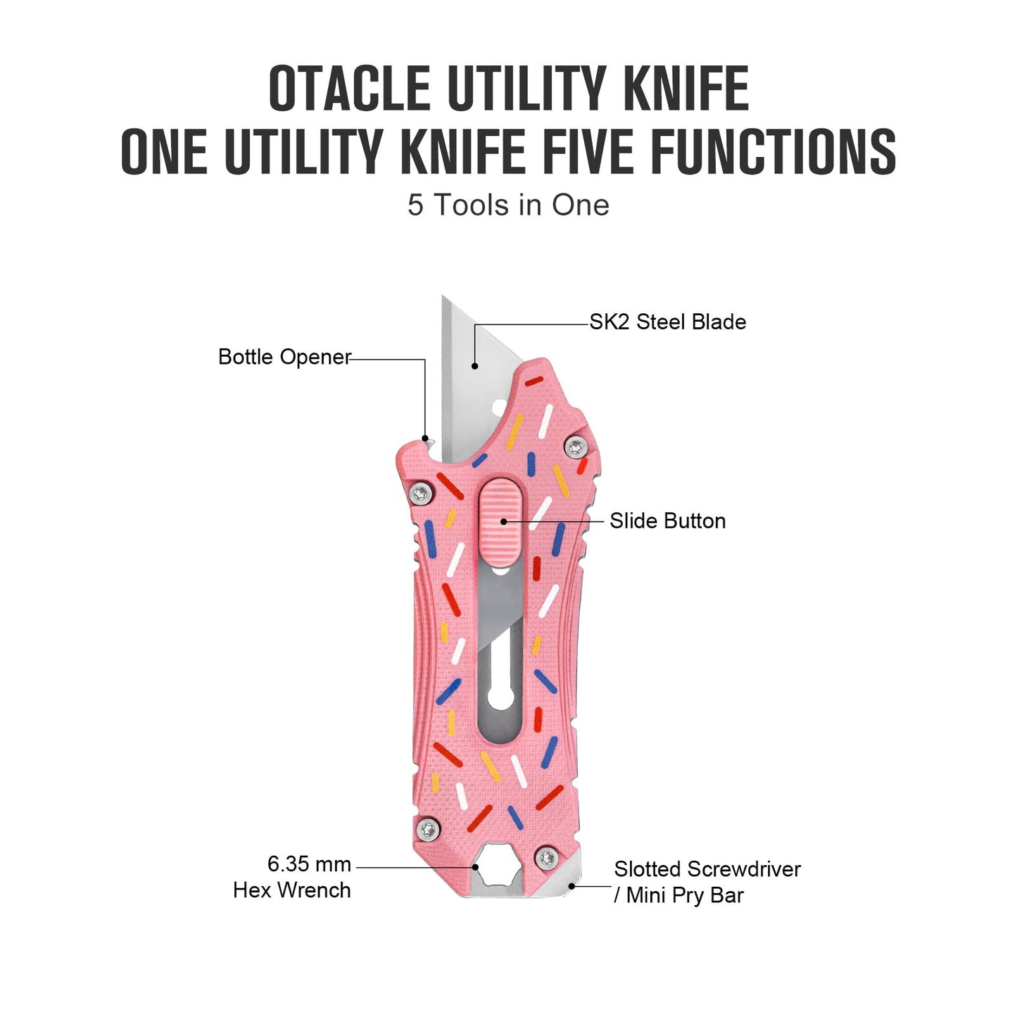 OKNIFE Otacle EDC Retractable Utility Knife, Box Opener Razor Knife, Multifunctional Tool with Belt Cutter, Bottle Opener, Hex Wrench and 6.35 mm Slotted Screwdriver(Doughnut)