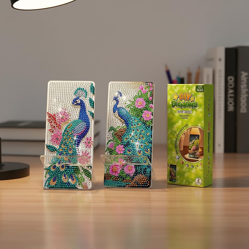 NIHO-JIUMA Diamond Art Phone Stand Kits Peacock, DIY Diamond Painting Acrylic Phone Holder & Mirror, Craft Gift for Adults/Teen