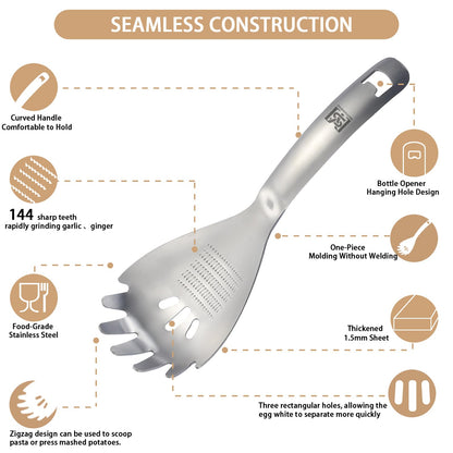 MEIYUSHENG 304 Stainless Steel Multi-Function Pasta Cooking Spoon: Comes with Potato Masher, Egg Yolk Separator, Grater Plate, Bottle Opener & Slotted Spoon