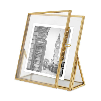 Isaac Jacobs 4x4, Antique Gold, Vintage Style Brass and Glass, Floating Photo Frame, Metal, with Locket Closure and Angled Base, for Pictures, Art, Mementos, Keepsakes (4x4, Antique Gold)
