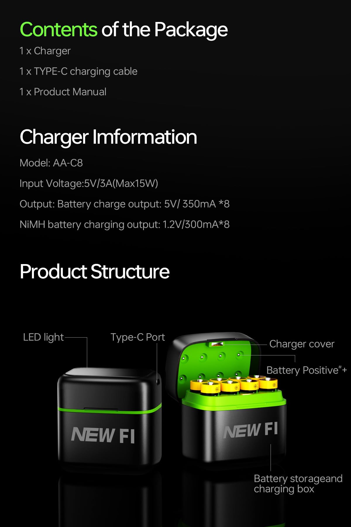Portable 8-Bay AA/AAA Battery Charger with USB-C Input - Compact Travel Charger for AA/AAA Rechargeable Batteries, Fast Charge in Car/Home, Compatible with Li-ion NiMH NiCd