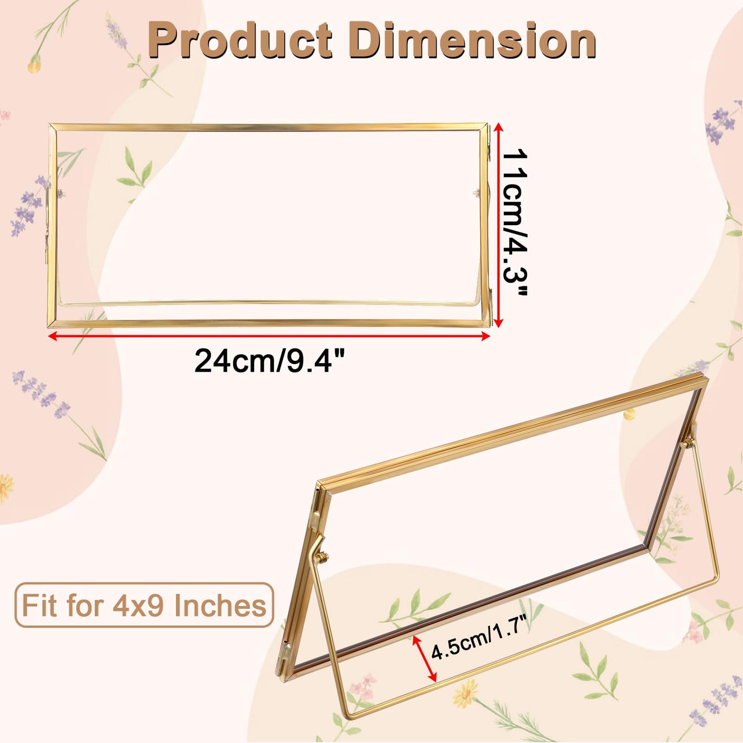 OGANAZI Double-Glass Dried Flower Frame, Brass Floating Frames for Pictures, Pressed Flowers, Leaves, Arts, Stamps, 4x 9 inches Decorative Tabletop Display Holder for Home Plant Specimen (FRAME ONLY)