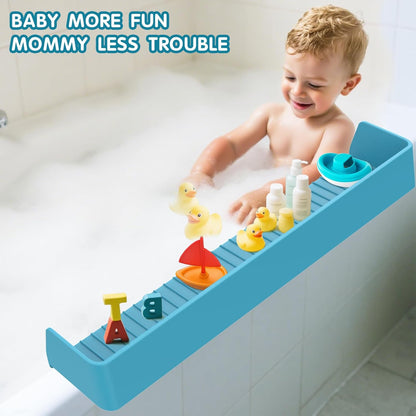 IwelKee Bathtub Splash Guard for Tub Kids, Longer Silicone Water Splash Guard for Bathtub, Toy Holder Play Shelf