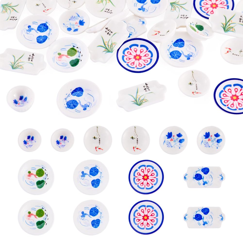 Beadthoven 30Pcs Blue and White Porcelain Plates Resin Miniature Dollhouse Tray Cute Mini Food Dish Tray Tableware Accessory Kitchen Ornaments for Micro Landscape DIY Garden Tea Party Crafts Supplies