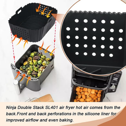 BYKITCHEN Air Fryer Silicone Liners for Ninja SL401 Double Stack, Reusable Rectangle Perforated Accessories