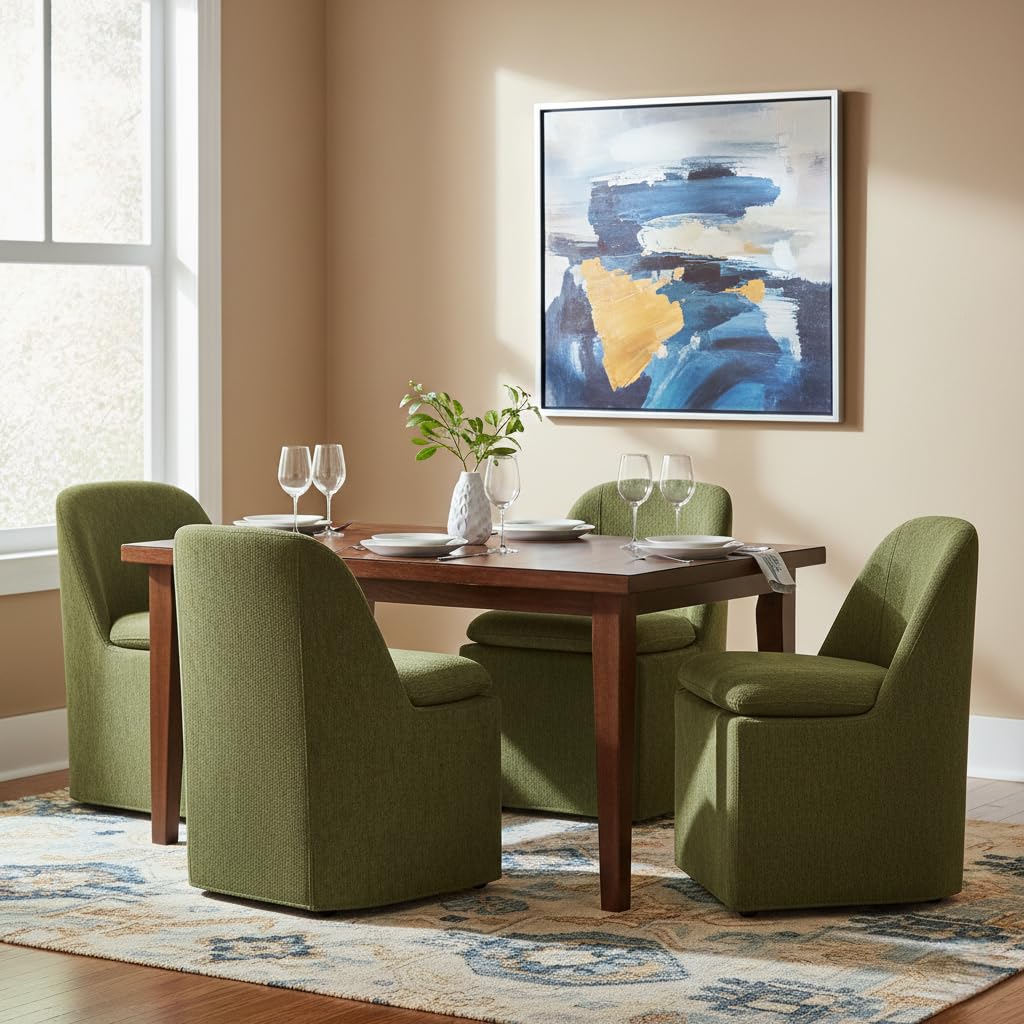 KISLOT Upholstered Dining Chairs with Casters, Washable Cover Modern Dining Room Chairs with Thick Cushion & Sturdy Metal Frame for Kitchen, Living Room, Dressing Room, Green Fabric, Set of 4
