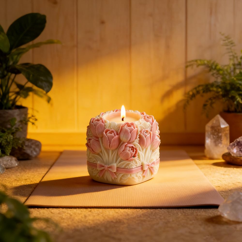 3D Tulip Bouquet Flower Silicone Mold for Scented Candles Handmade Soap Making Tulip Bouquets Cylinder Flower Molds Silicone Candle Molds for Candle Making Supplies Floral Decor Plaster Resin Mold