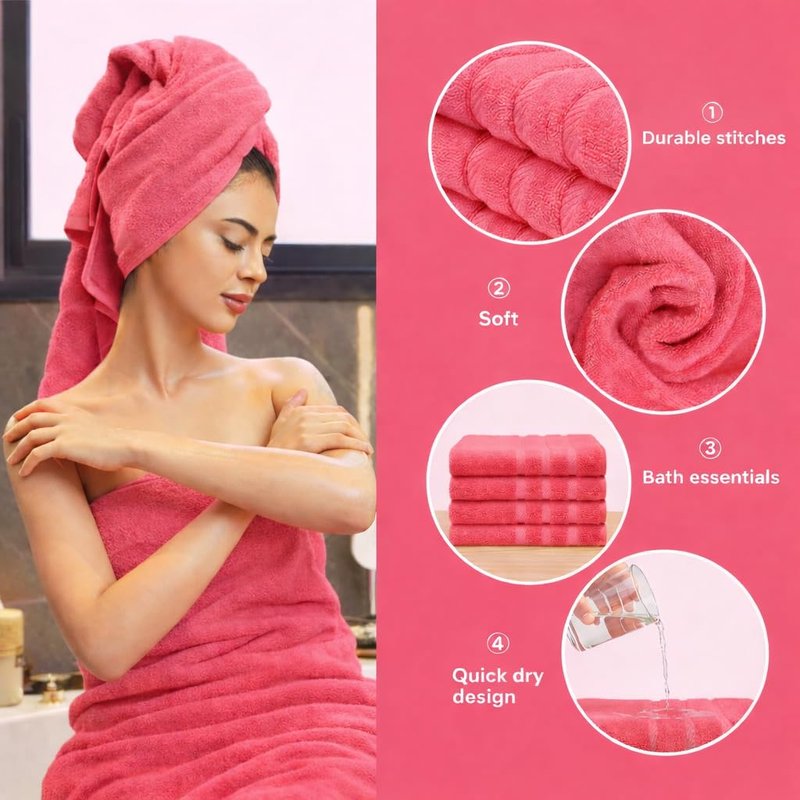 Bath Towels 27x54 – Pack of 4 | Soft & Quick-Dry | Highly Absorbent 100% Ring Spun Cotton Towels for Bathroom, Spa, Home & Hotel Use (Pink)