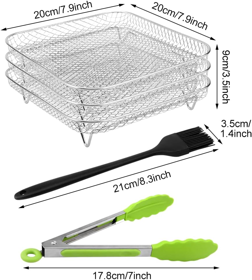 8" Air Fryer Rack for Air Fryer, Stainless Steel Three-Layer Rack with Food Clip, Fits 5.8QT - 6QT Air Fryers