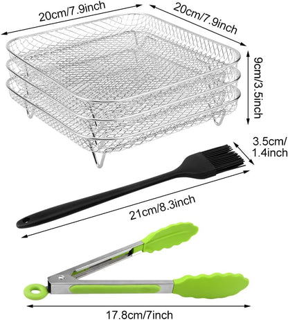 8" Air Fryer Rack for Air Fryer, Stainless Steel Three-Layer Rack with Food Clip, Fits 5.8QT - 6QT Air Fryers