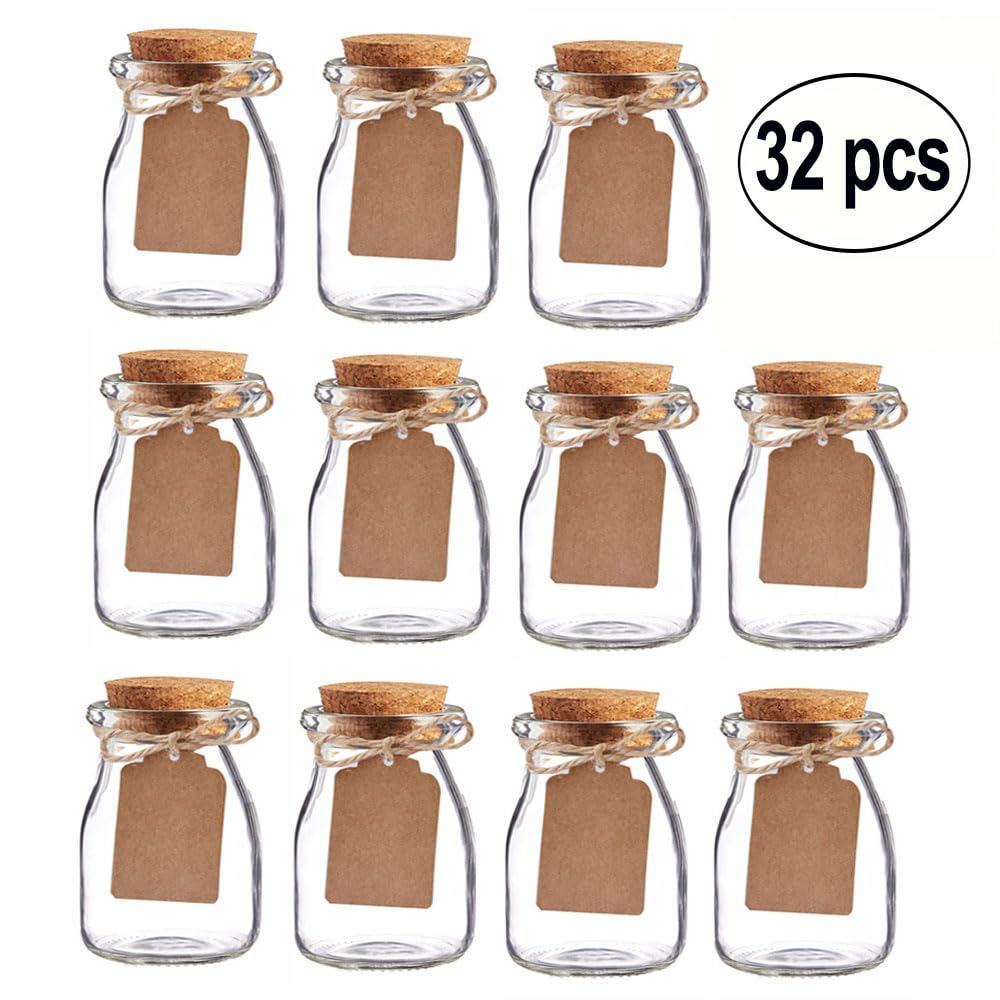 Bodosac 32 Pack Glass Favor Jars with Cork Lid, 3.4 oz Small Glass Bottles for Wedding Favor, Party Favor, Gift Jars for Candy, Twine and Labels 100 ML