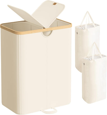 SONGMICS Laundry Hamper - 39 Gal. Dual Compartment Basket with Removable Liner Bag - Cream White & Light Bamboo