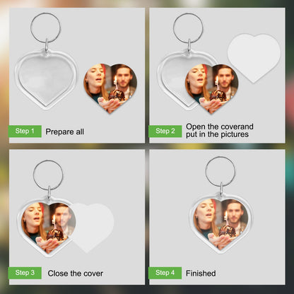 BRT Bearingshui 50pcs Pendant Picture Frame Keyrings, Clear Acrylic Photo Frame Keyring Holder, Make Your Own Personalized Keyring Kit, Heart Shaped Blank Photo Insert Keychain for DIY Craft