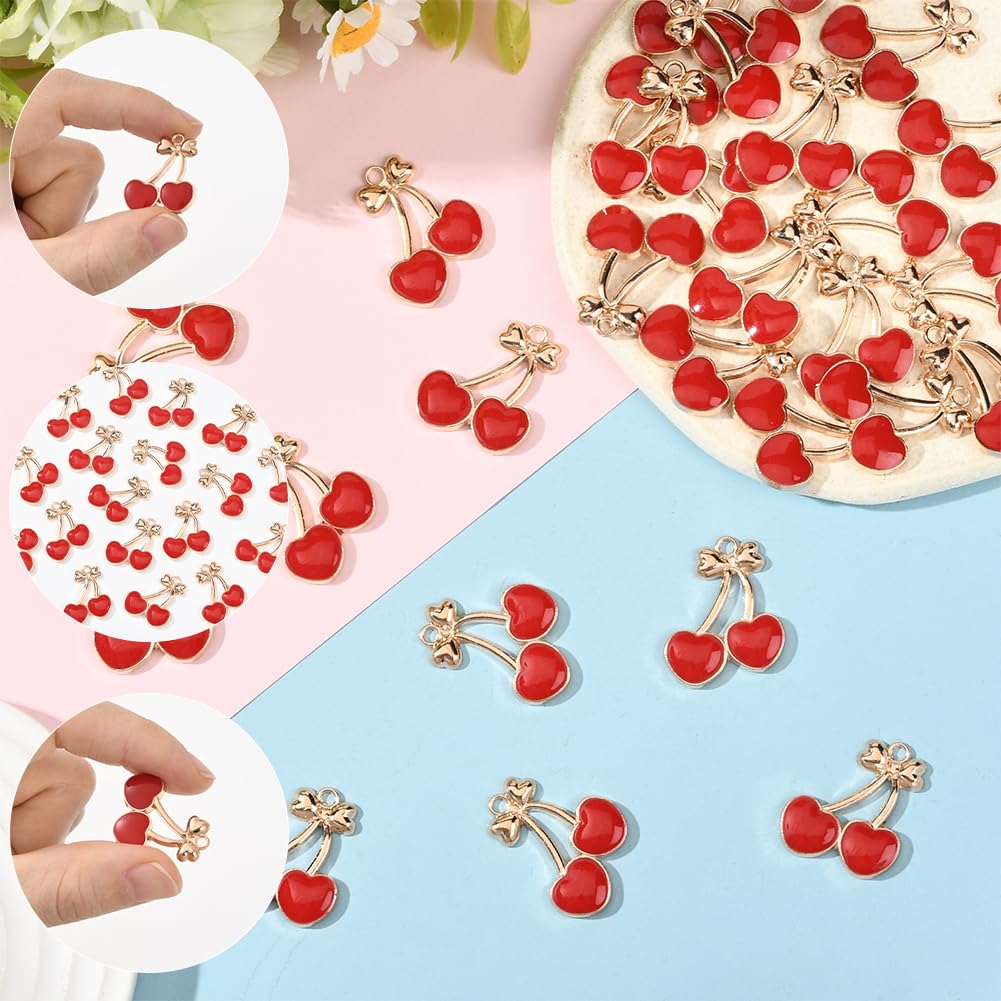 SUNNYCLUE 1 Box 30Pcs Enamel Fruits Charms Bulk Red Cherry Charm Gold Alloy Bowknot Design Mini Cute Food Cartoon Cherries Pendants for Jewelry Making Bracelets Necklace Earring DIY Crafts Accessories