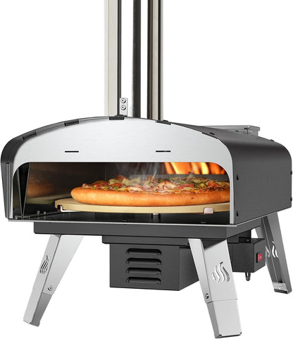 Mimiuo Outdoor Pizza Oven Wood Pellet Fired Pizza Stove with Automatic Rotating Stone, Heavy Duty Pizza Stove for Backyard Camping, Bakes Pizza in 60 Seconds, Includes Pizza Stone, Peel & Cover