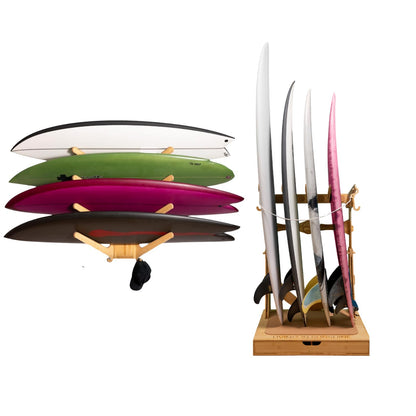 Complete 4-Board Surf Storage Bundle – Includes Spirit Rack 4-Board Freestanding Rack and Sun Rack 4-Board Wall-Mounted Rack – Ultimate Organization for Surfboards, Snowboards, Skis, and More