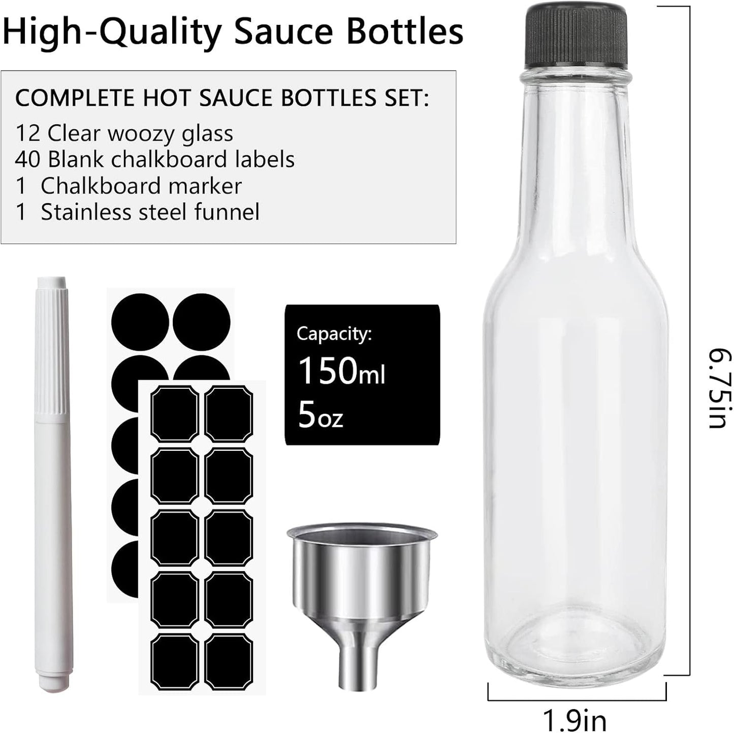 12 5 oz/ 150 ml pcs Hot Sauce Glass Bottles with Leak Proof Screw Cap,Orifice Reducer Dripper Insert, Clear Oil Bottle