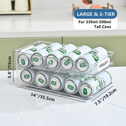Upgrade 2-Tier Rolling Soda Can Storage Organizer, Tall Skinny Soda/Pop Cans Dispenser for Refrigerator, Plastic