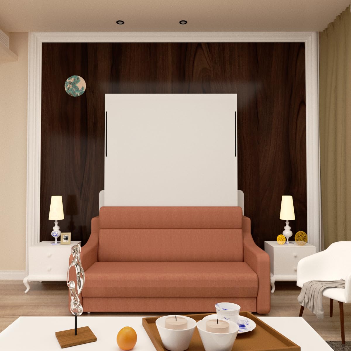 Ball & Cast Murphy Bed Full Size,Cabinet Wall Bed with Sofa,Space-Saving Hideaway w/Hidden Storage Space Gas Struts,Wood Multifunction Furniture for Small Bedroom,Orange
