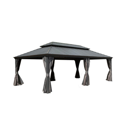 GOWE 14x22FT Hardtop Gazebo, Outdoor Gazebo with Galvanized Steel Double Roof, Aluminum Frame, Built-in Gutter System, Curtain and Netting, Metal Gazebo Pavilion for Patio Deck Garden, Grey
