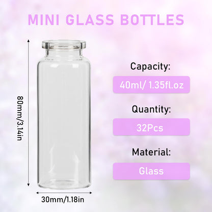 40 ml Small Glass Bottles with Cork, 32 Pack Mini Bottles with Twine & EXTRA Cork Stoppers, Small Vials with Lids, Tiny Glass Bottle, Mini Potion Bottle for Theme Party, Sand