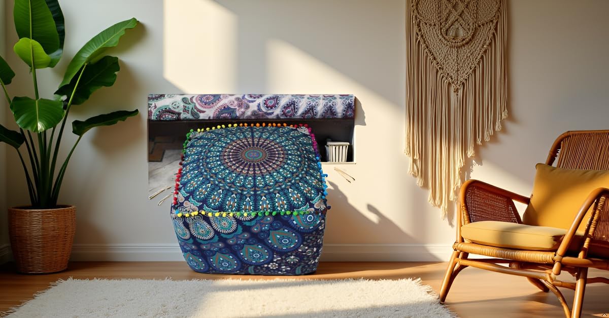 18X18X14 inches, CRAFT KALA Indian Square Patchwork Traditional Pouf Cover Indian Living Room Pom Poufs Cover