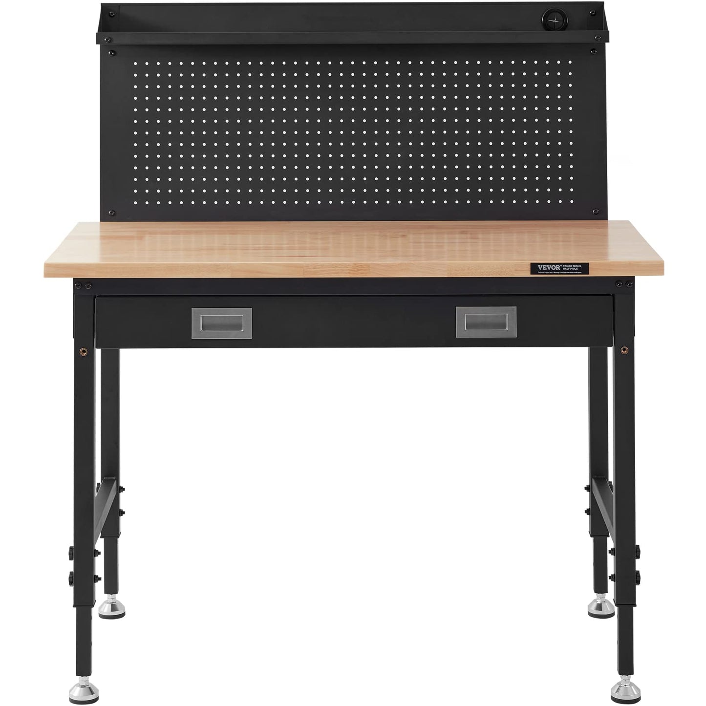 VEVOR Workbench Adjustable Height 28-39.5'' Work Bench for Garage Oak Plank & Carbon Steel Heavy Duty Workbench 2000lbs Weight Capacity top Size 48x24 Hardwood Workbench 3m Cable 30 Hooks, Black