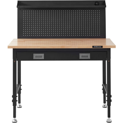 VEVOR Workbench Adjustable Height 28-39.5'' Work Bench for Garage Oak Plank & Carbon Steel Heavy Duty Workbench 2000lbs Weight Capacity top Size 48x24 Hardwood Workbench 3m Cable 30 Hooks, Black