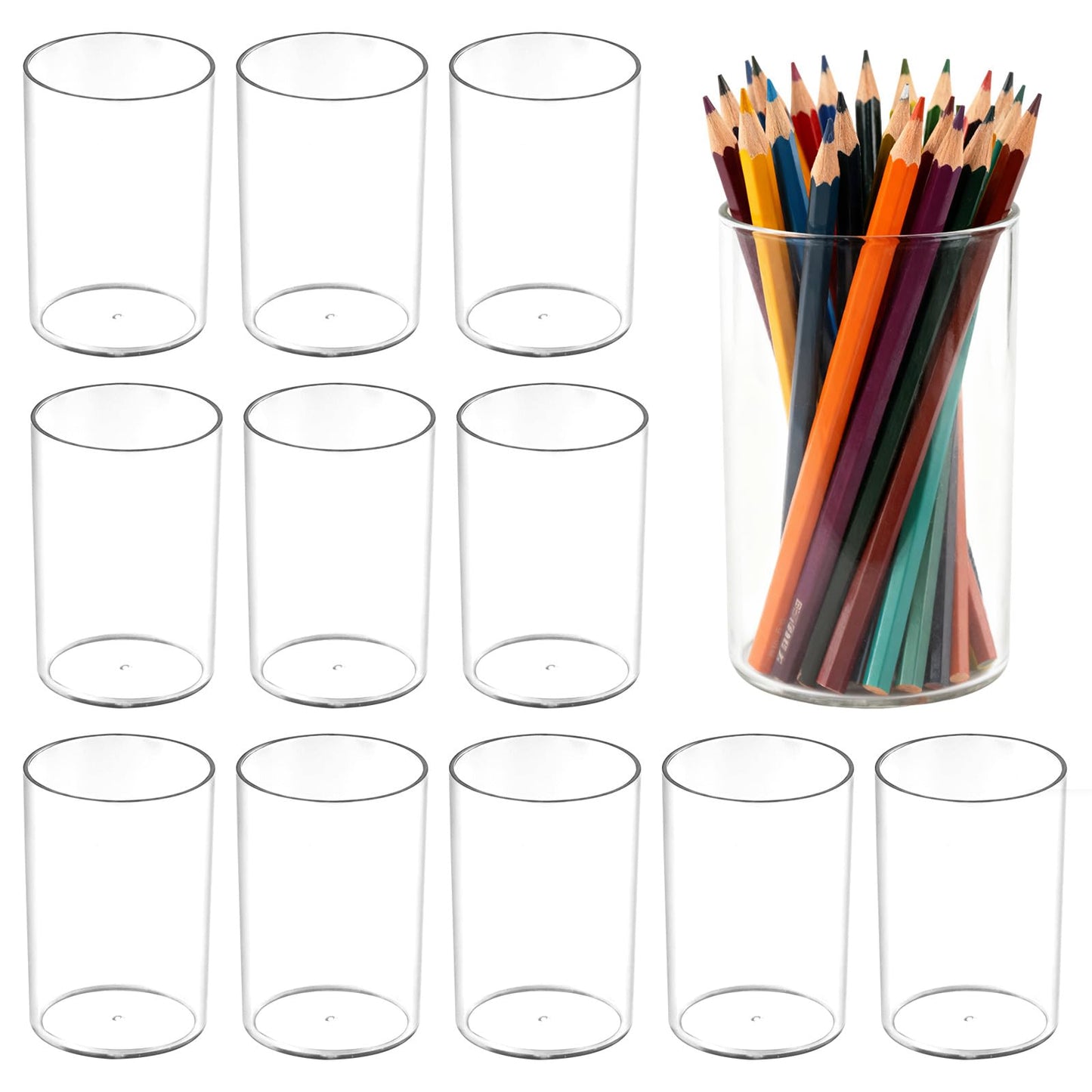 IBEQUEM 12Pack Clear Acrylic Pen Holder Makeup Brush Round Pencil Holder for Desk Pen Cups Desk Organizers and Storage Desktop Stationery Organizer for Office School Home Supplies