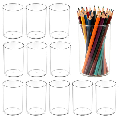 IBEQUEM 12Pack Clear Acrylic Pen Holder Makeup Brush Round Pencil Holder for Desk Pen Cups Desk Organizers and Storage Desktop Stationery Organizer for Office School Home Supplies