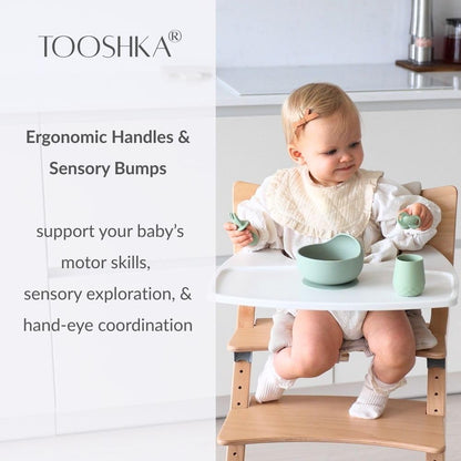 Tooshka® Baby Utensil Set (6 pcs) - Self Feeding Spoons - Silicone & BPA Free - Baby-Led Weaning (BLW) Supplies - Ages 6+ Months - Set of 6 - Brown, Green, & Yellow