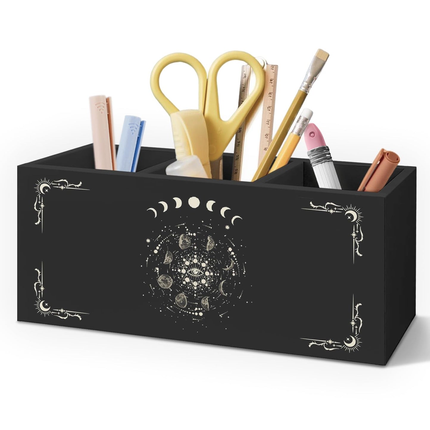 AQYIP Gothic Office Decor Black Wooden Pen Pencil Holder for Desk Accessories, Dark Gothic Witchy Aesthetic Wood Makeup Brush Toothbrush Holder Organizer for Vanity Bathroom