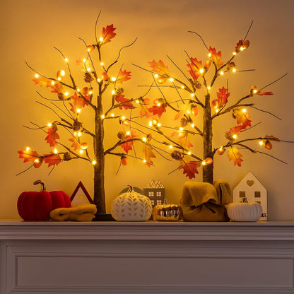 2 Pack Lighted Fall Trees 24in - Battery Operated Autumn Centerpiece with Acorns & Pinecones for Thanksgiving Halloween Decor